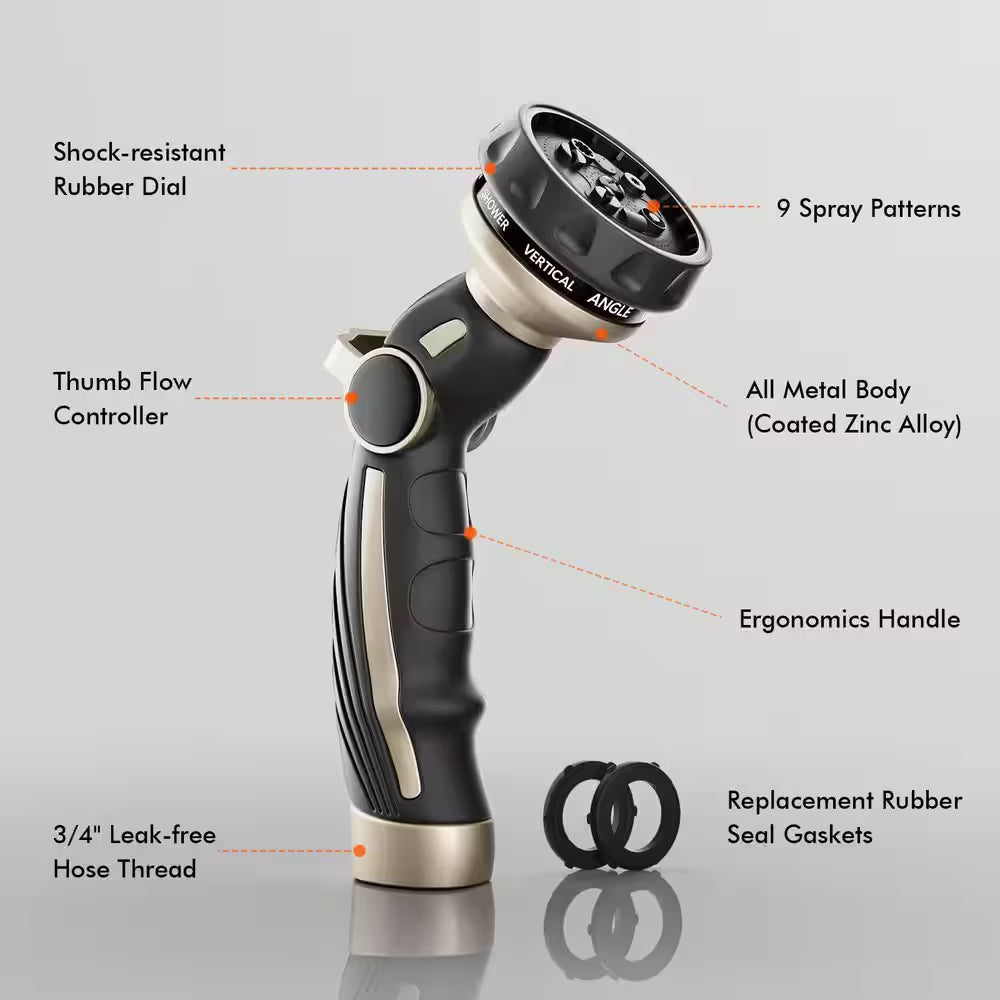 Heavy Duty Metal Water Hose Nozzle Sprayer for Garden 9 Spray Patterns High Pressure 6.3 In.